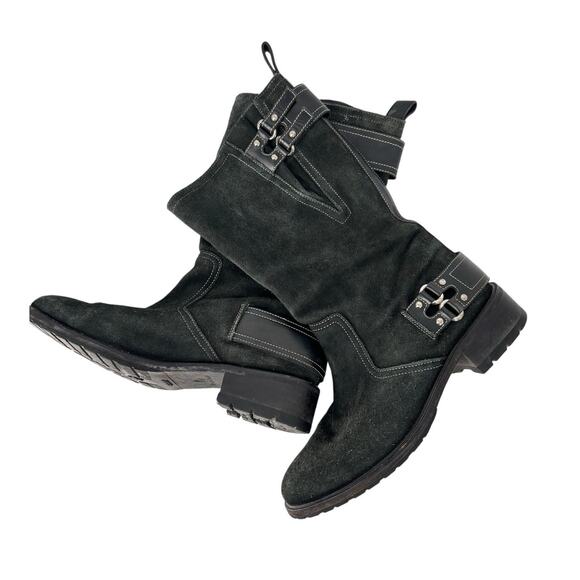 Cole Haan Moto Biker Boots 8.5 Buckle Burnished Suede Charcoal Mid Calf Lug Sole - Picture 1 of 8